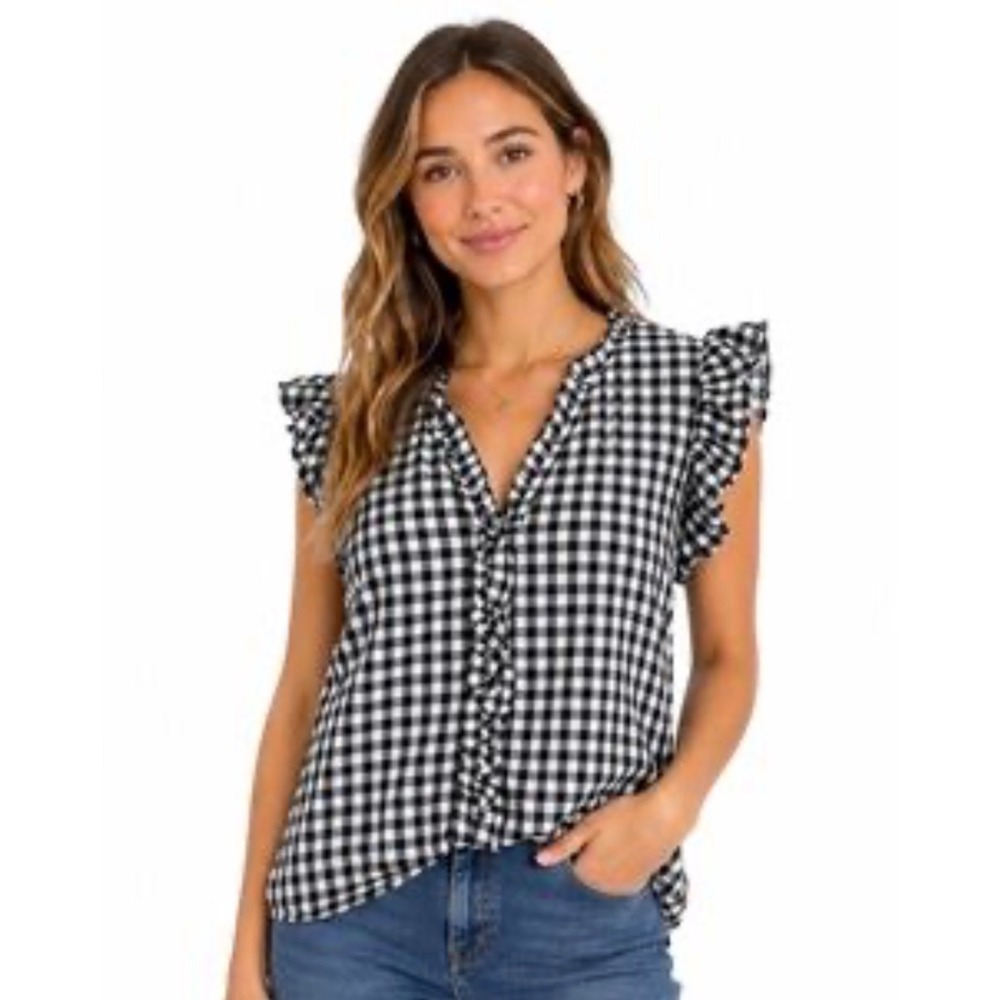 J.Crew Navy Blue Gingham Ruffle Sleeveless Cotton Blouse Cottagecore Large